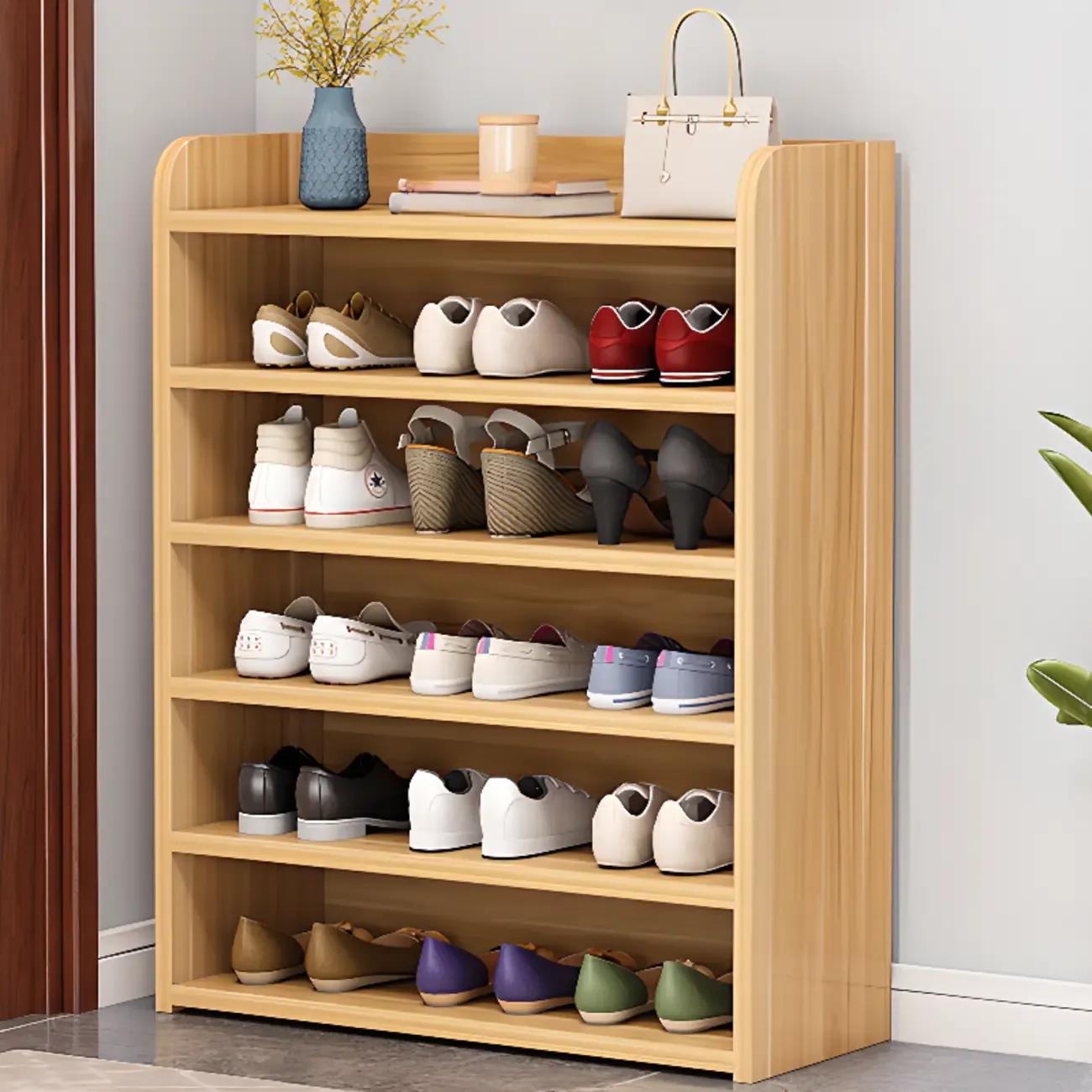 Vertical White Wooden Hallway 6-Tier Open Shoe Rack  Image - 18