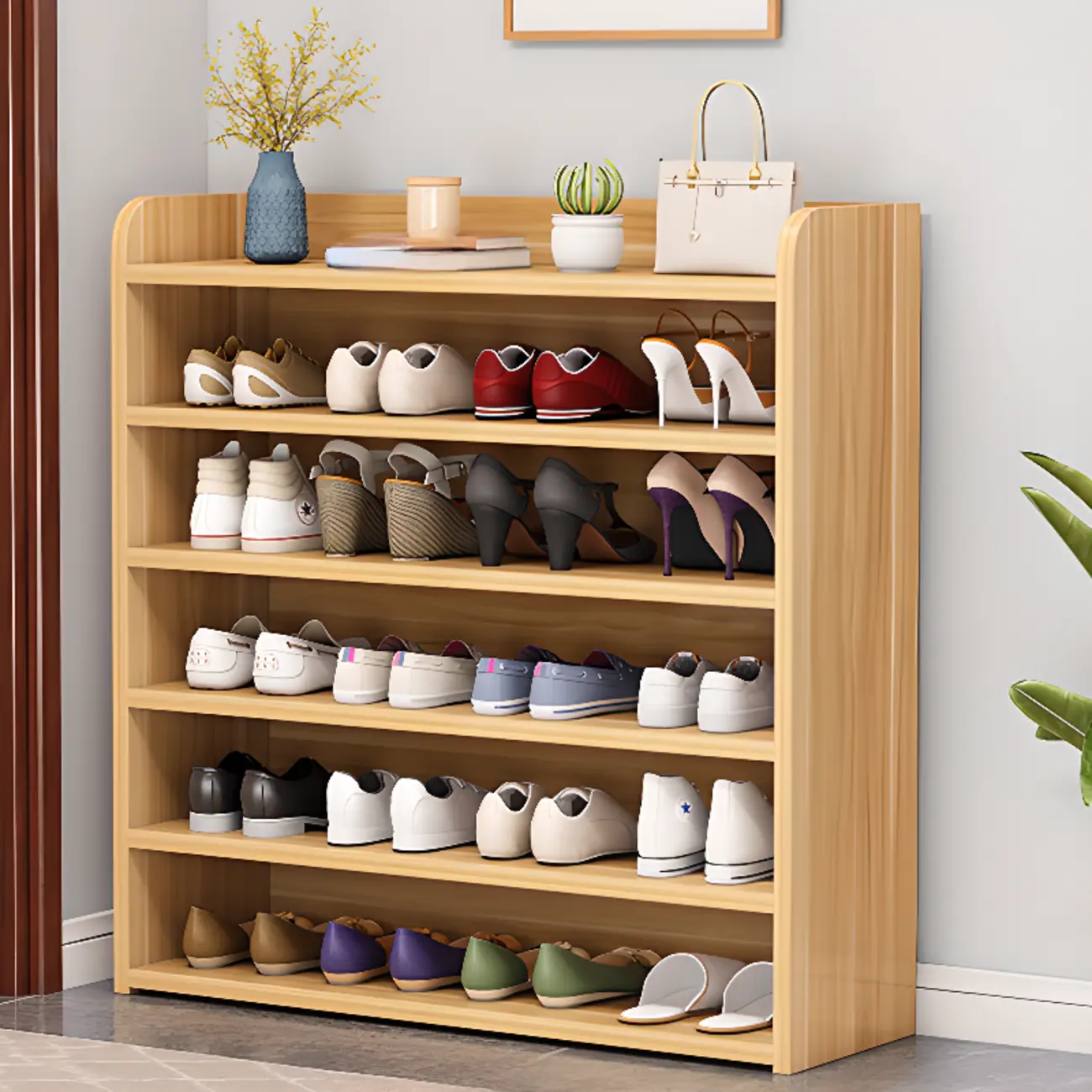 Vertical White Wooden Hallway 6-Tier Open Shoe Rack  Image - 19 | homeyfad