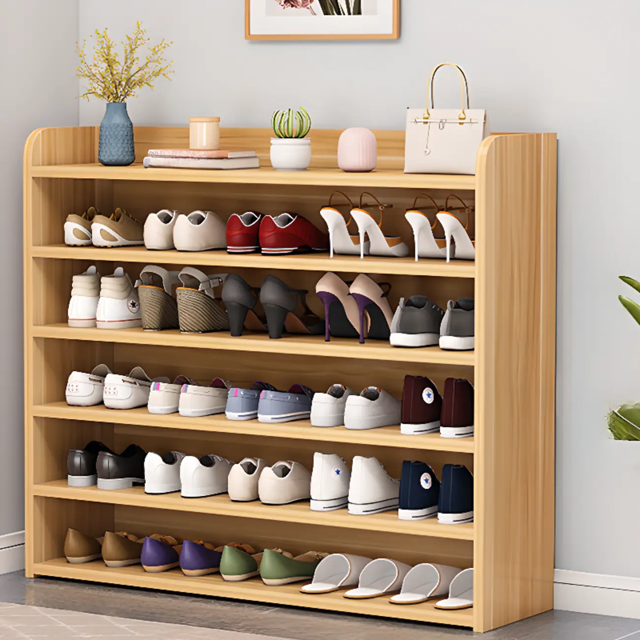 Vertical White Wooden Hallway 6-Tier Open Shoe Rack  Image - 20 | homeyfad