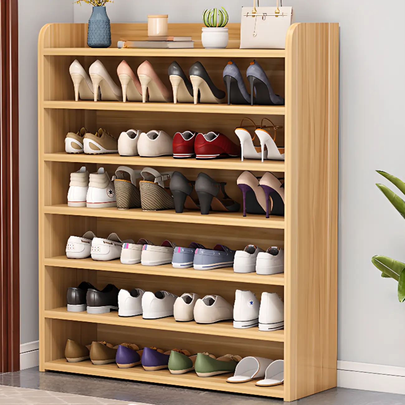 Vertical White Wooden Hallway 6-Tier Open Shoe Rack  Image - 22 | homeyfad