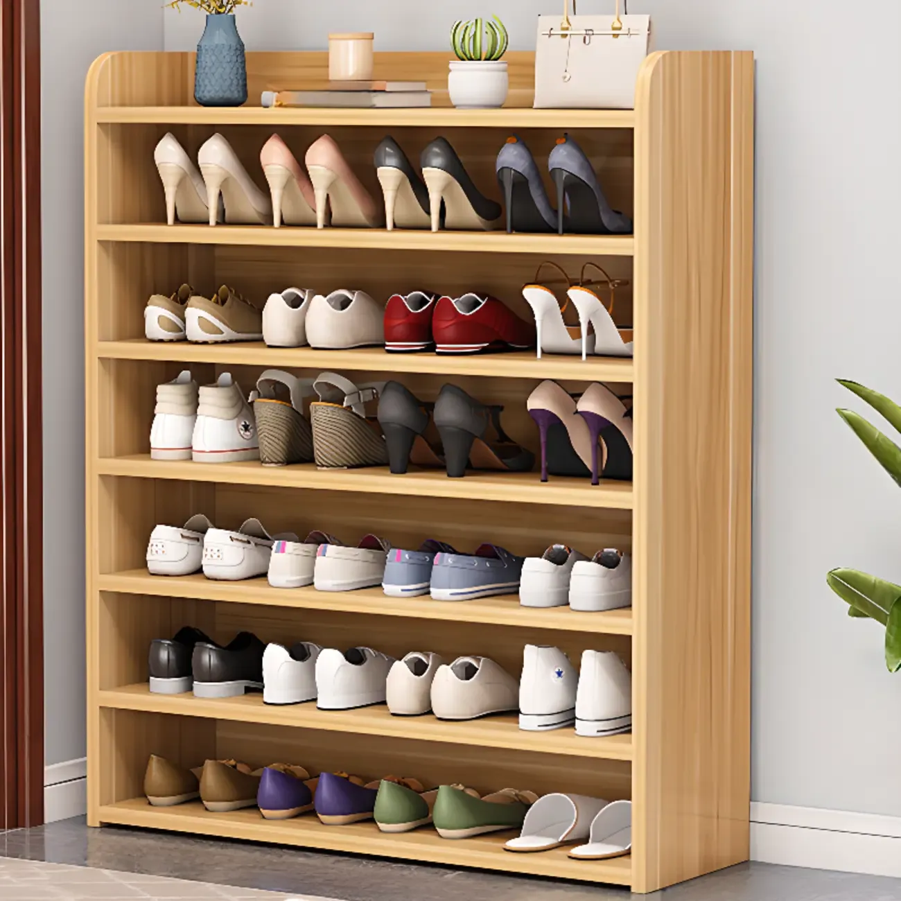Vertical White Wooden Hallway 6-Tier Open Shoe Rack  Image - 22