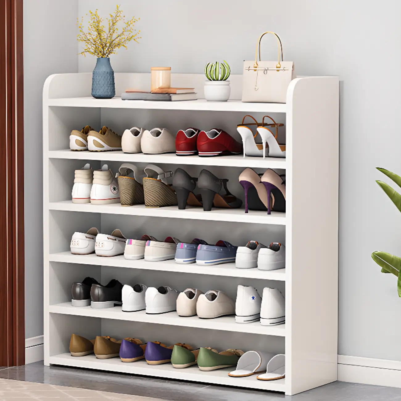 Vertical White Wooden Hallway 6-Tier Open Shoe Rack  Image - 25 | homeyfad