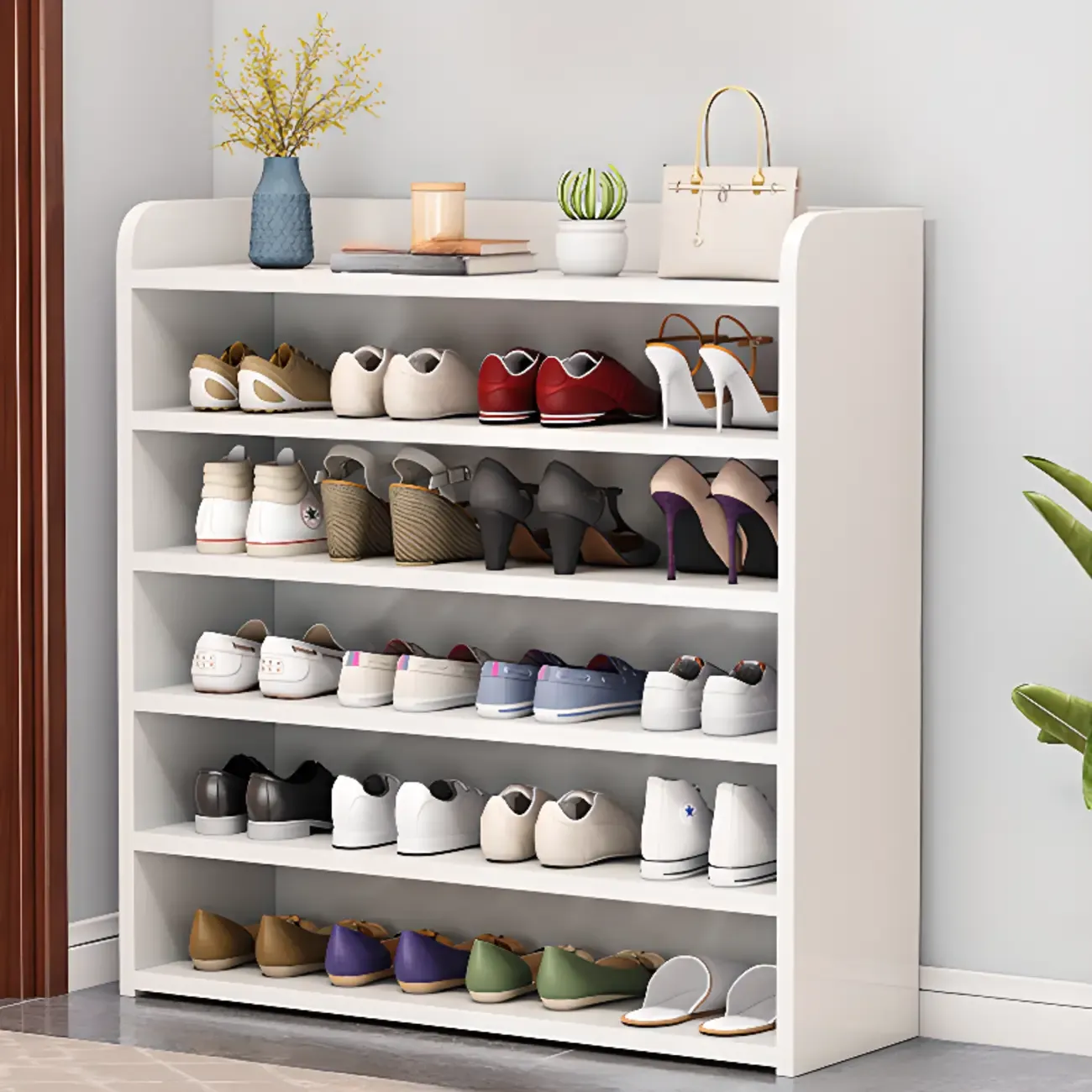 Vertical White Wooden Hallway 6-Tier Open Shoe Rack  Image - 25