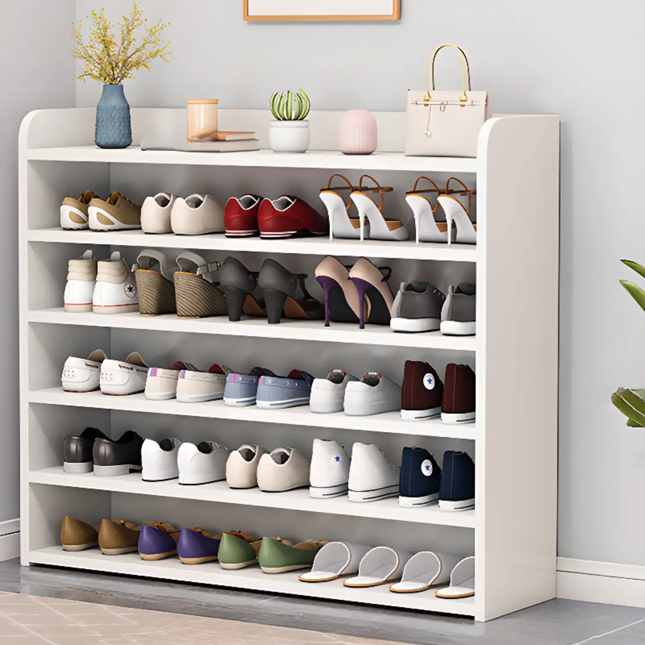Vertical White Wooden Hallway 6-Tier Open Shoe Rack  Image - 26 | homeyfad