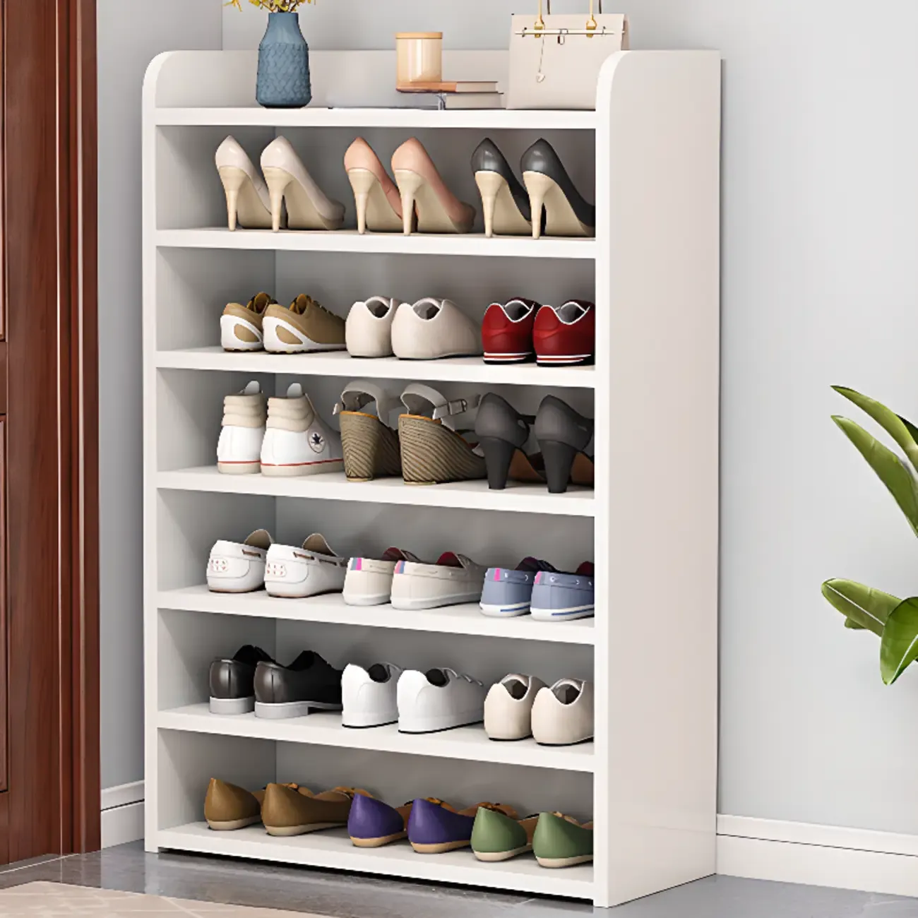 Vertical White Wooden Hallway 6-Tier Open Shoe Rack  Image - 27