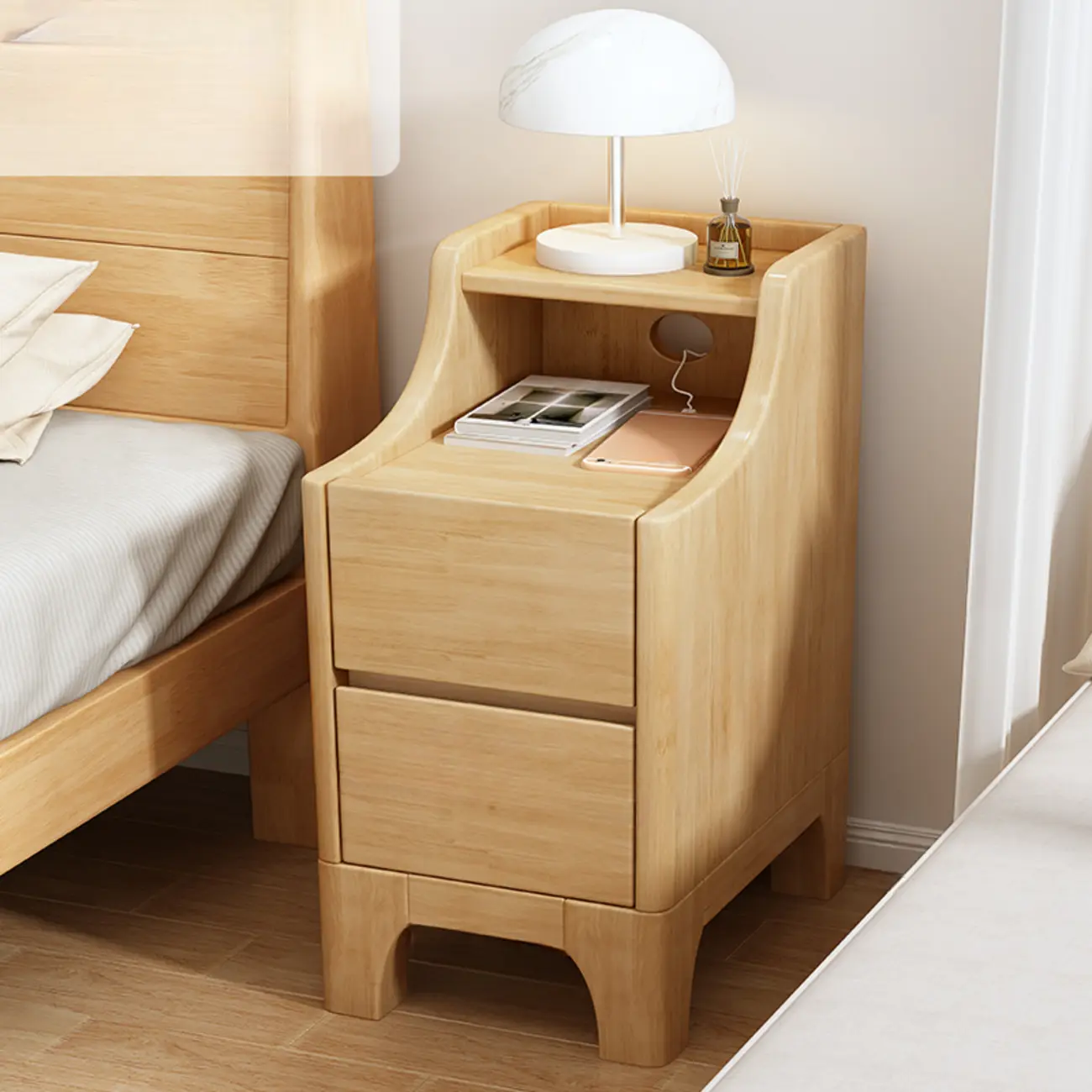 Bedroom Natural Wood Storage Drawer Function Nightstand Image - 2 | homeyfad
