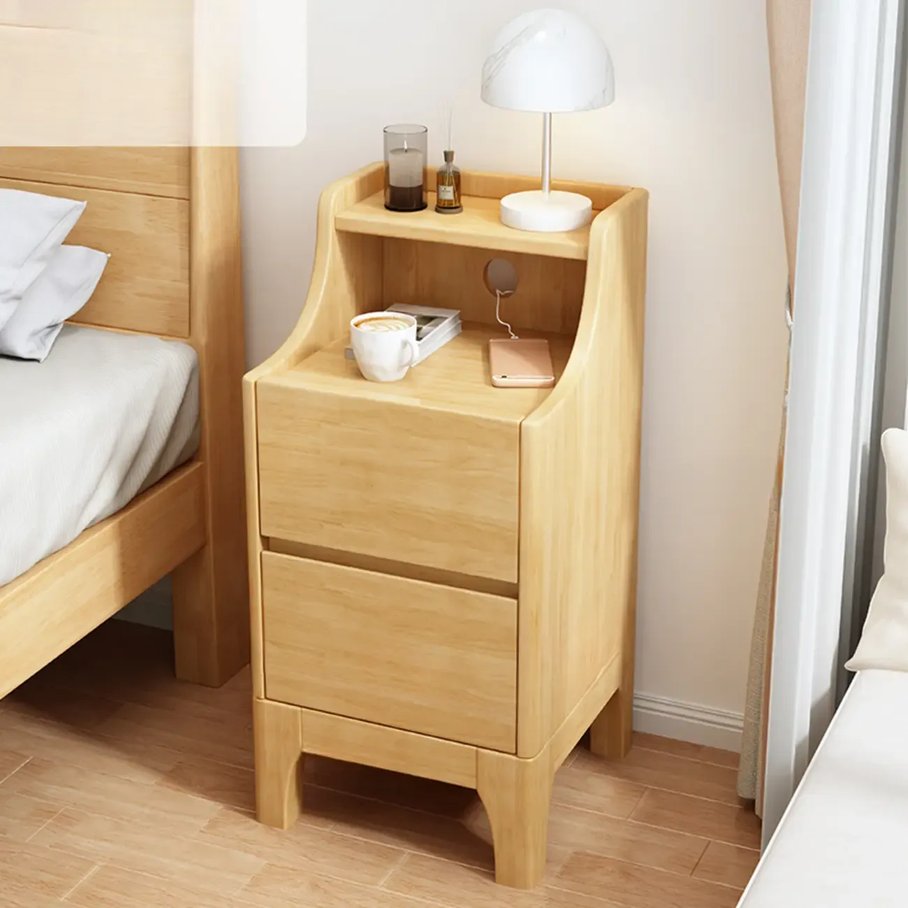 Bedroom Natural Wood Storage Drawer Function Nightstand Image - 3