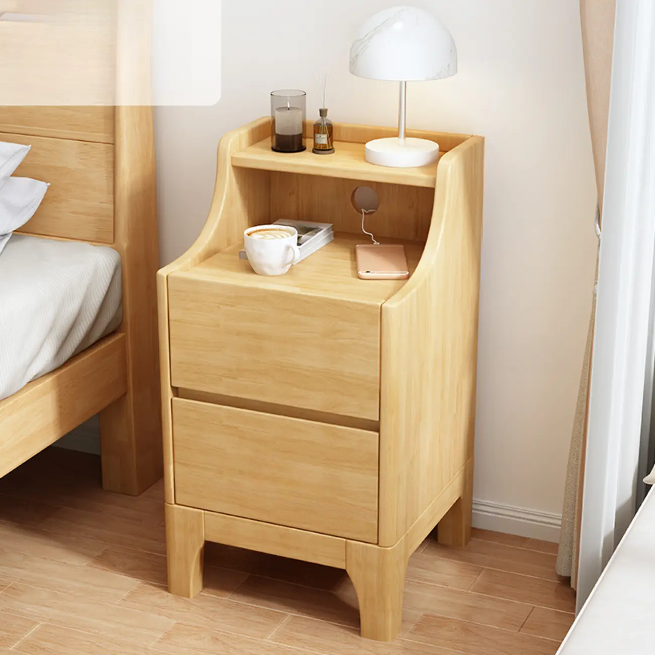 Bedroom Natural Wood Storage Drawer Function Nightstand Image - 6 | homeyfad
