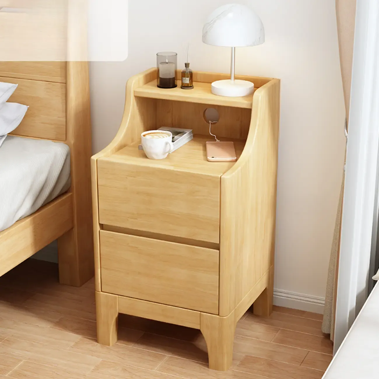 Bedroom Natural Wood Storage Drawer Function Nightstand Image - 6