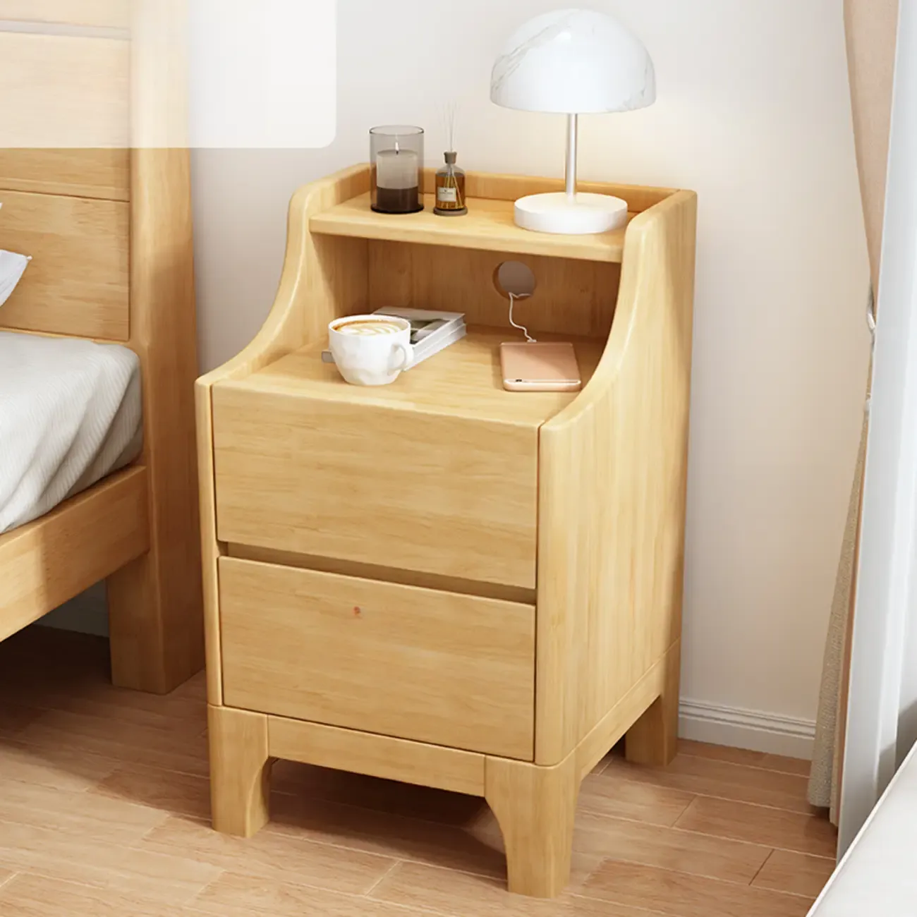 Bedroom Natural Wood Storage Drawer Function Nightstand Image - 7