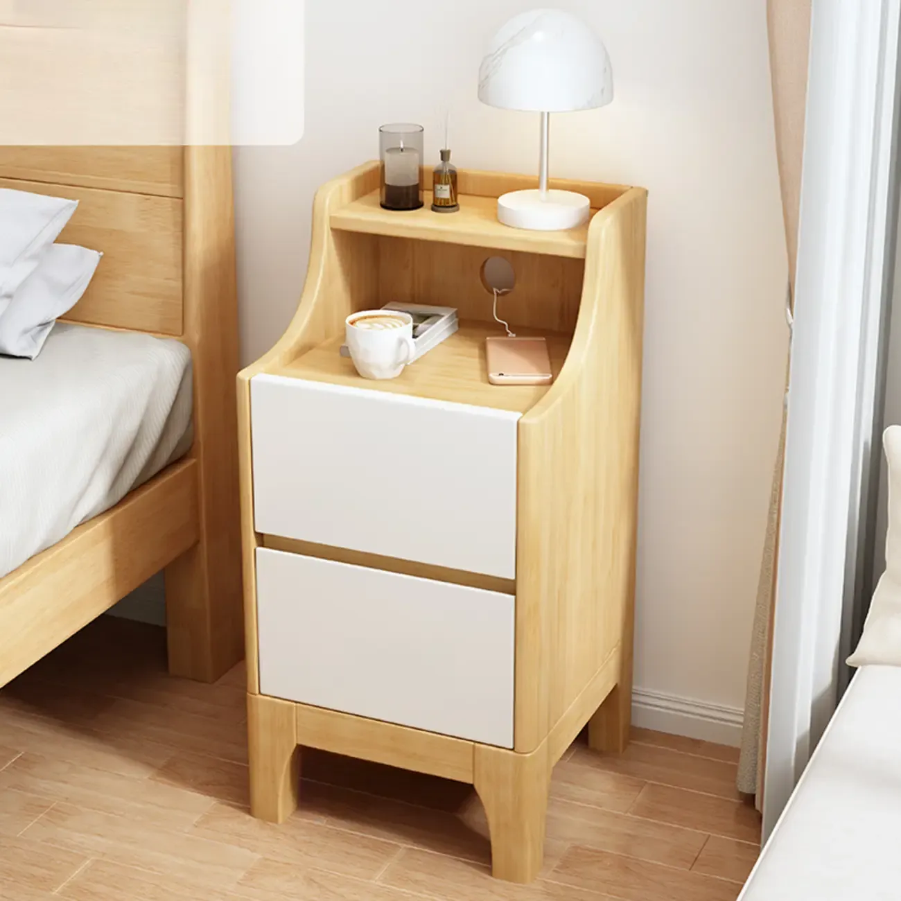 Bedroom Natural Wood Storage Drawer Function Nightstand Image - 17