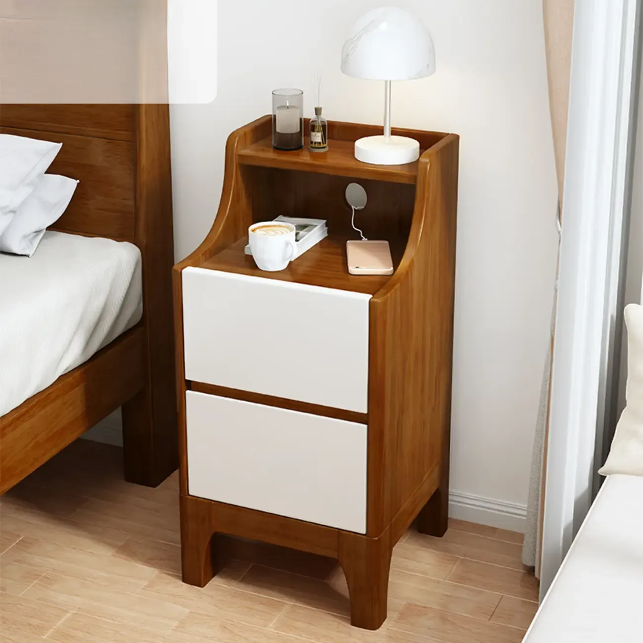 Bedroom Natural Wood Storage Drawer Function Nightstand Image - 18