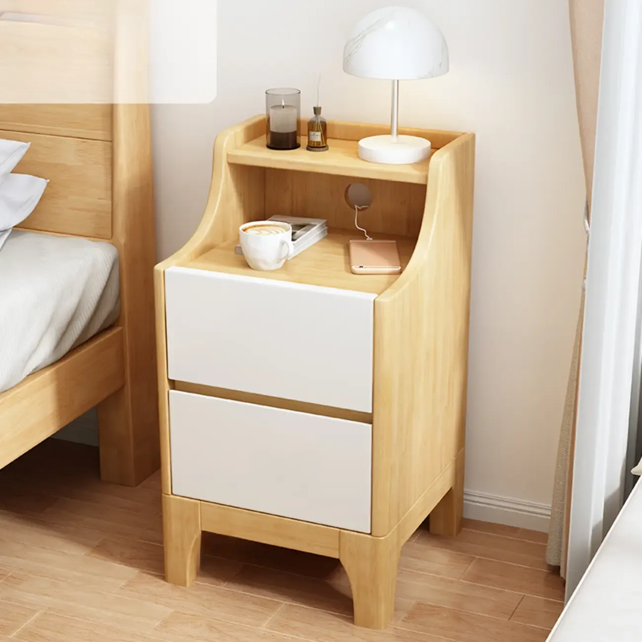 Bedroom Natural Wood Storage Drawer Function Nightstand Image - 20