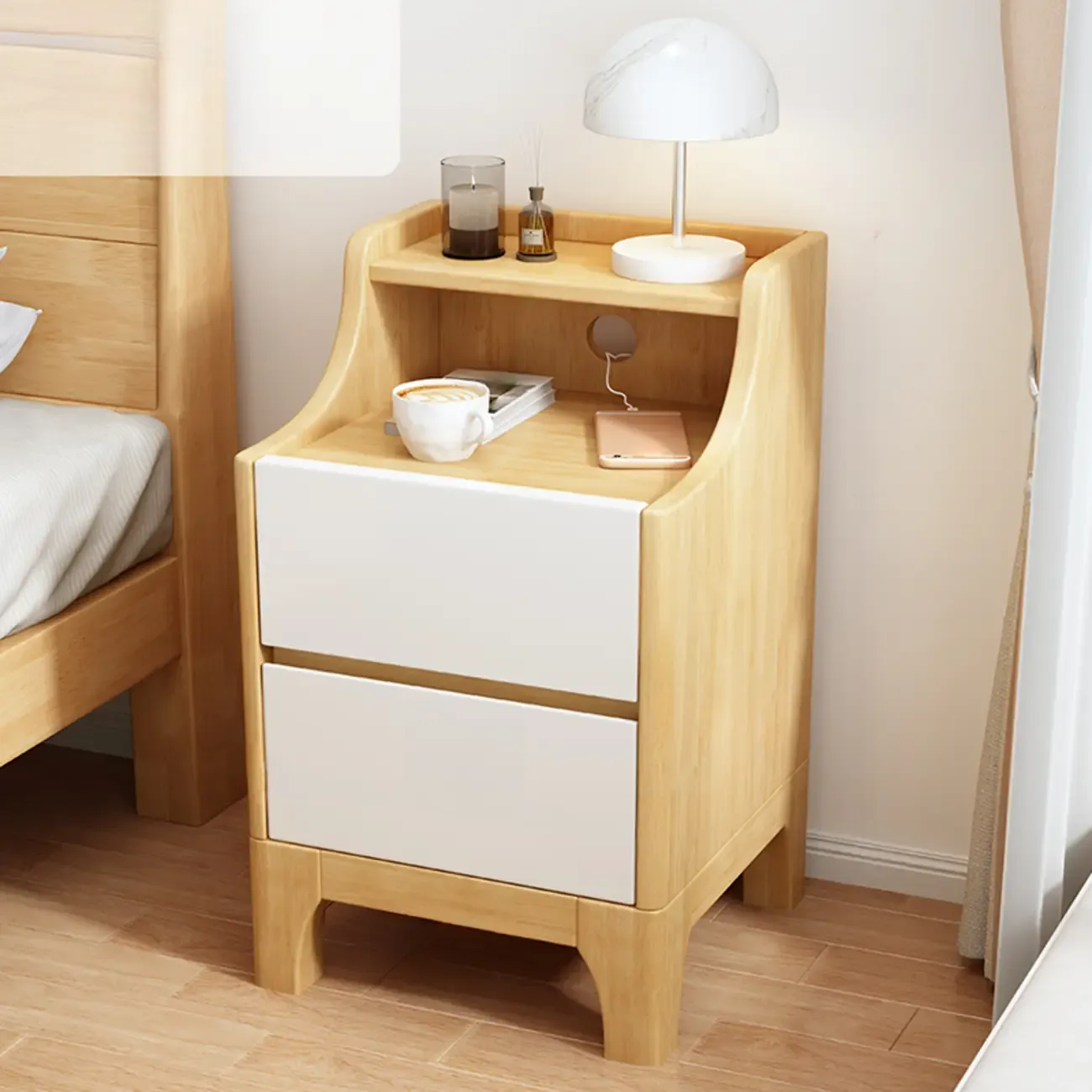 Bedroom Natural Wood Storage Drawer Function Nightstand Image - 23