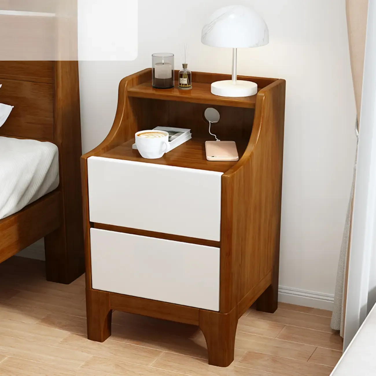 Bedroom Natural Wood Storage Drawer Function Nightstand Image - 24