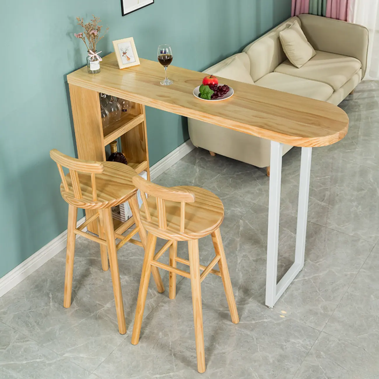 Modern Asymmetrical Wooden Bar Table with Storage and Seating Image - 1 | homeyfad