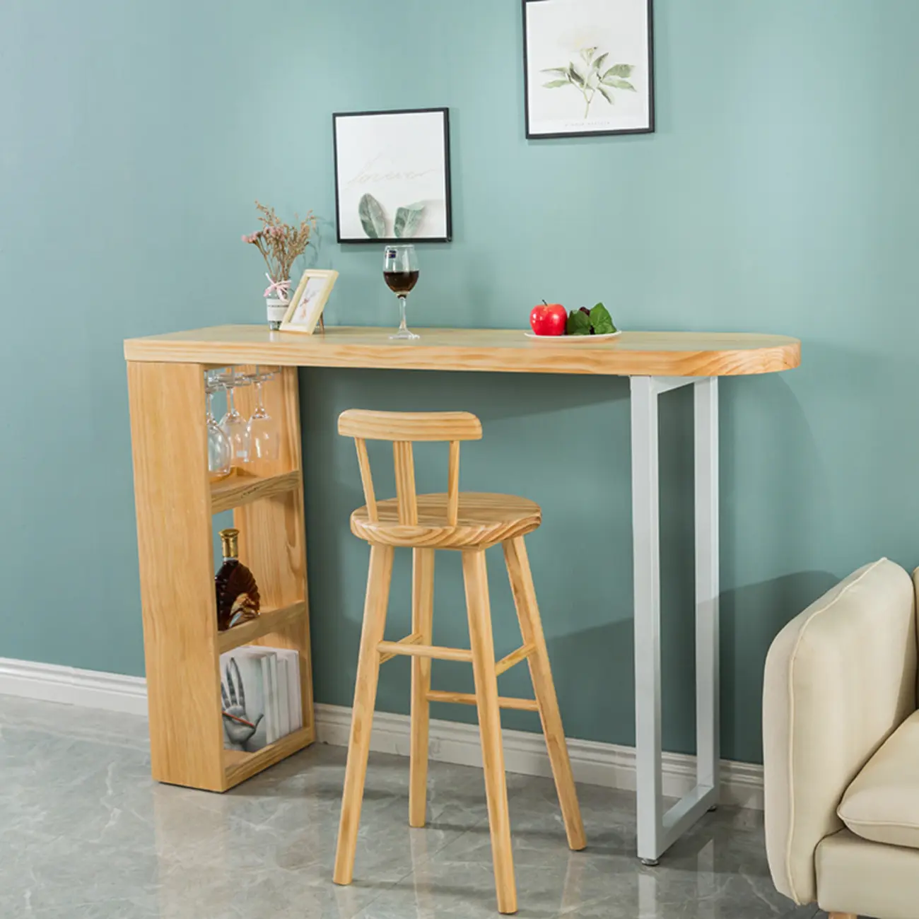 Modern Asymmetrical Wooden Bar Table with Storage and Seating Image - 2 | homeyfad