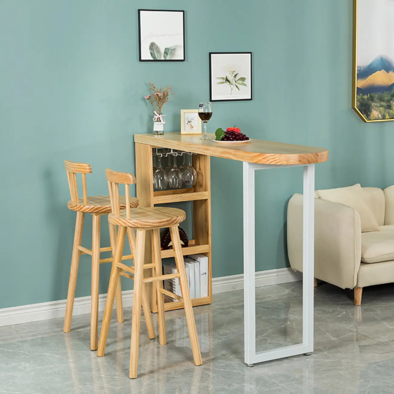 Modern Asymmetrical Wooden Bar Table with Storage and Seating Image - 4 | homeyfad