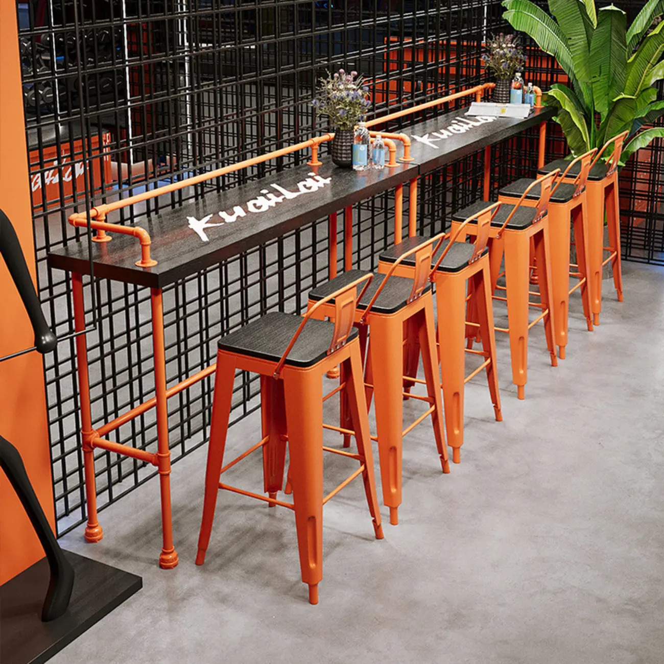 Industrial Black Hardwood Top Bar Tables with Orange Frame Image - 1 | homeyfad
