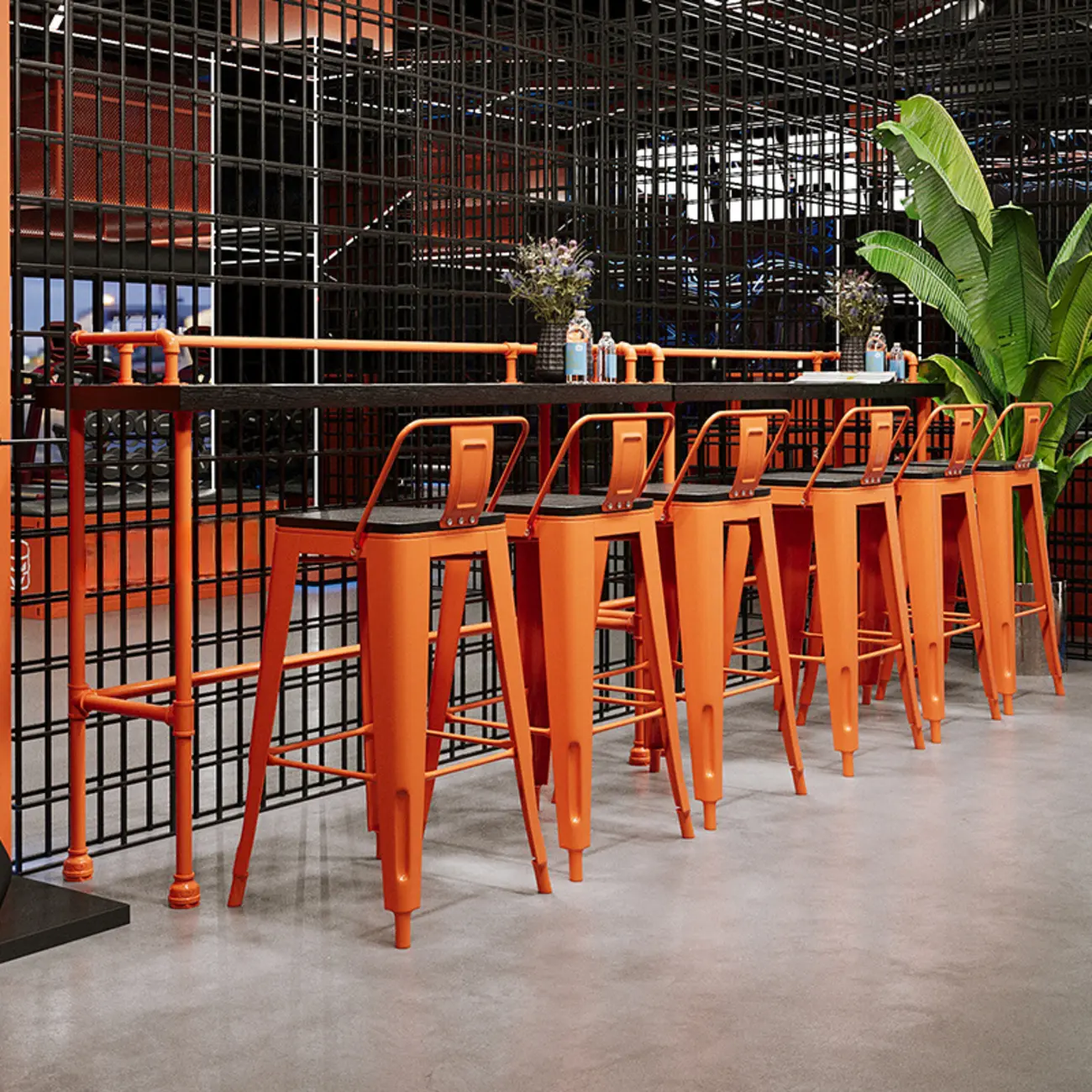 Industrial Black Hardwood Top Bar Tables with Orange Frame Image - 2 | homeyfad