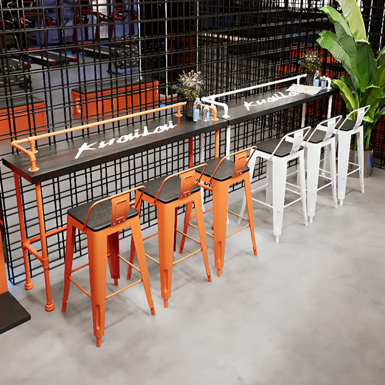Industrial Black Hardwood Top Bar Tables with Orange Frame Image - 3