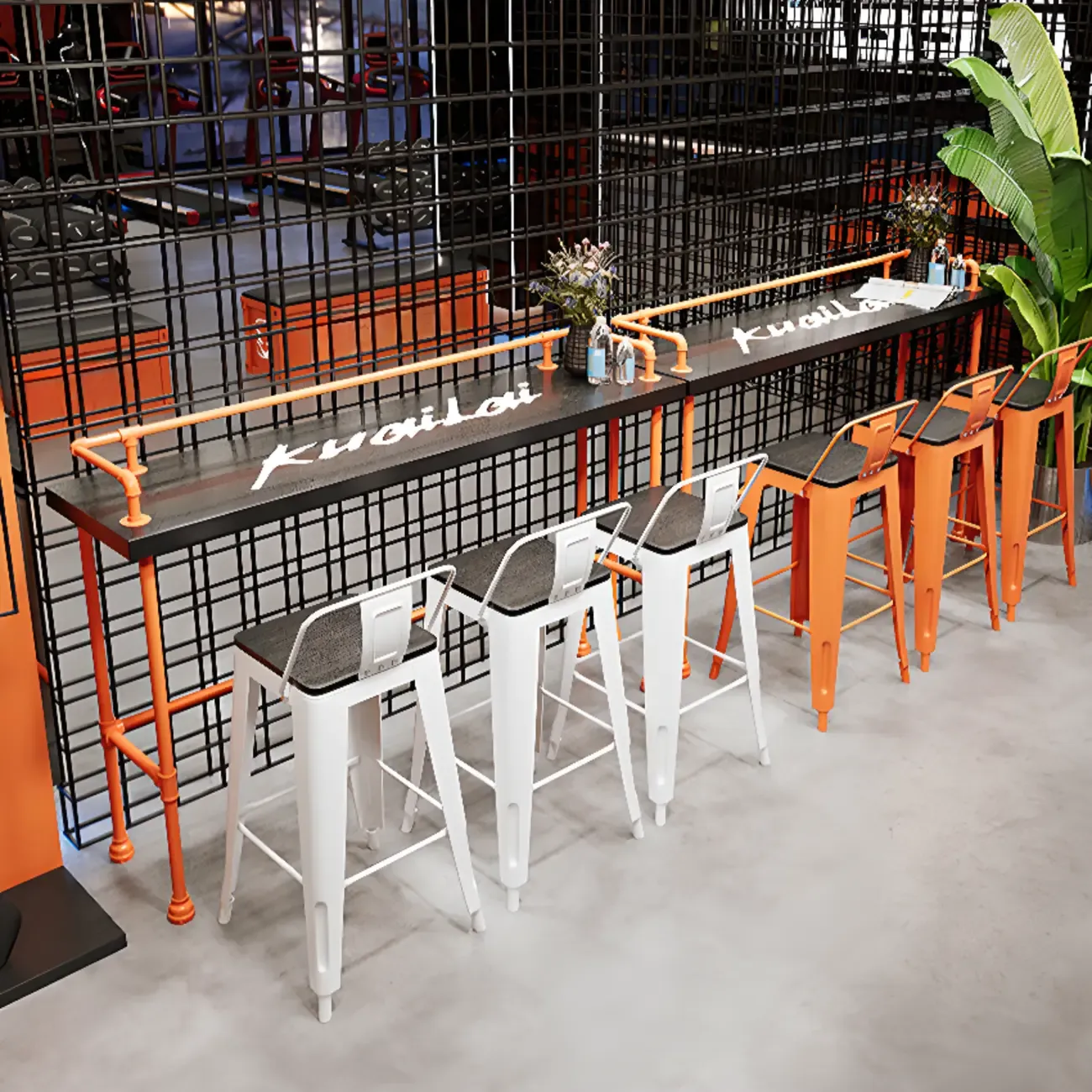 Industrial Black Hardwood Top Bar Tables with Orange Frame Image - 4