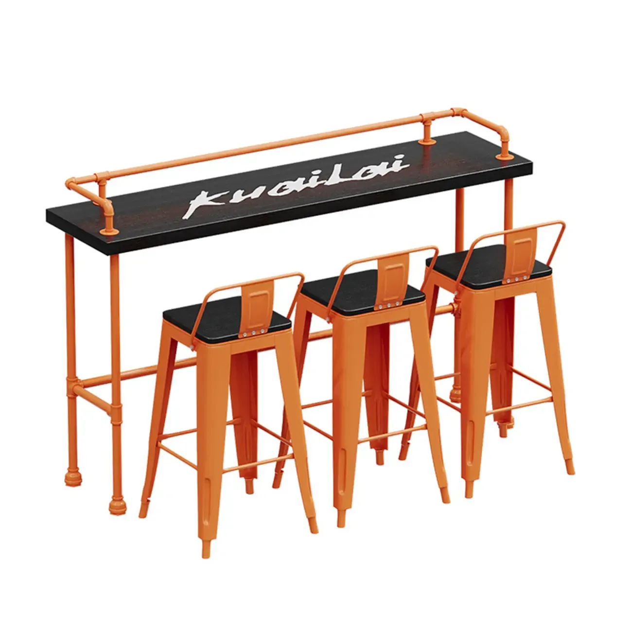 Industrial Black Hardwood Top Bar Tables with Orange Frame Image - 7