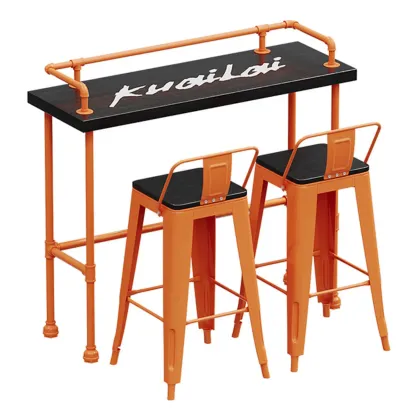 Industrial Black Hardwood Top Bar Tables with Orange Frame Image - 8