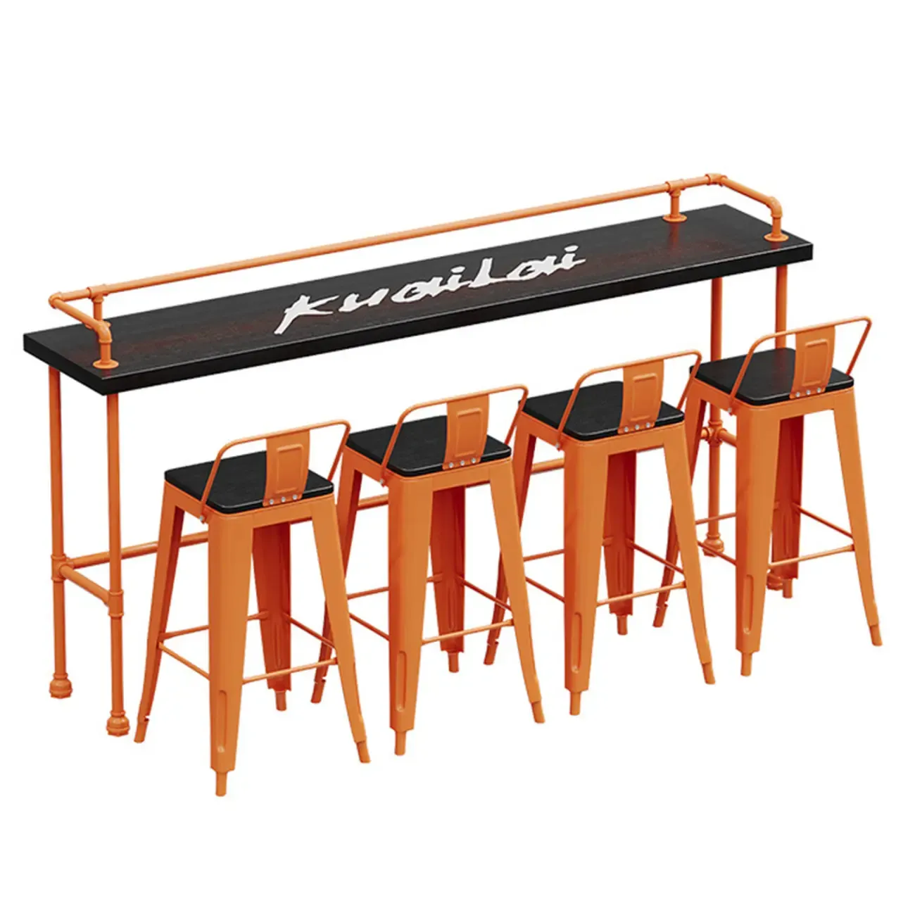 Industrial Black Hardwood Top Bar Tables with Orange Frame Image - 9