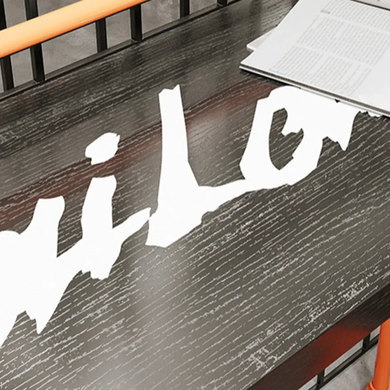 Industrial Black Hardwood Top Bar Tables with Orange Frame Image - 10