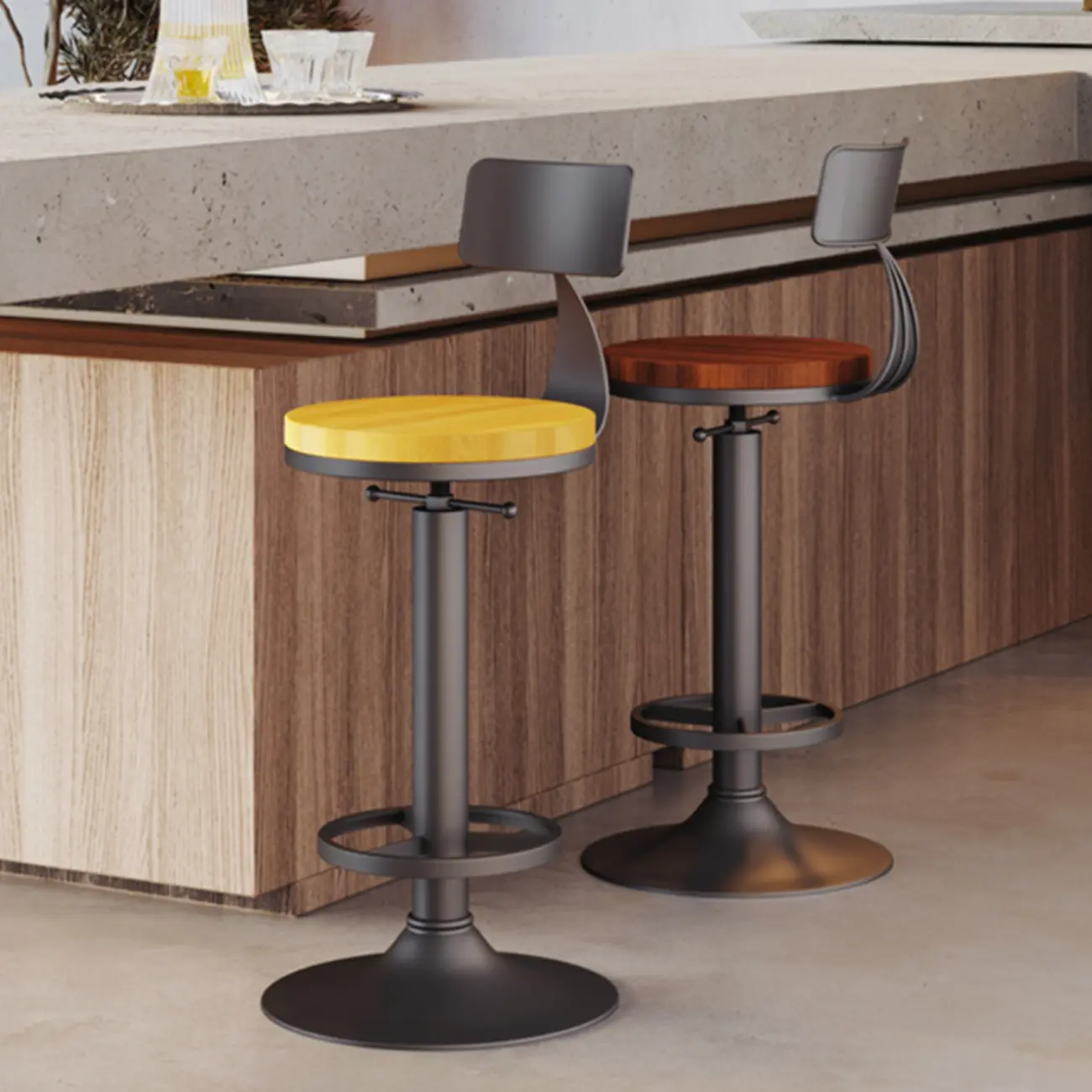 Industrial Black Metal Round Swivel Bar Stools Image - 4 | homeyfad
