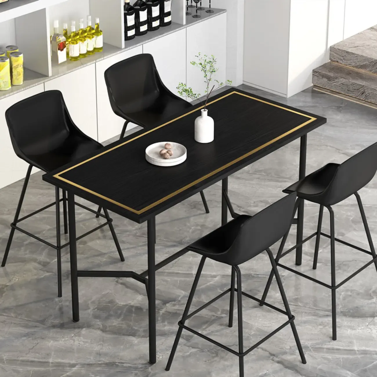 Luxurious Black-Gold Wooden Rectangular Top Bar Tables Image - 1