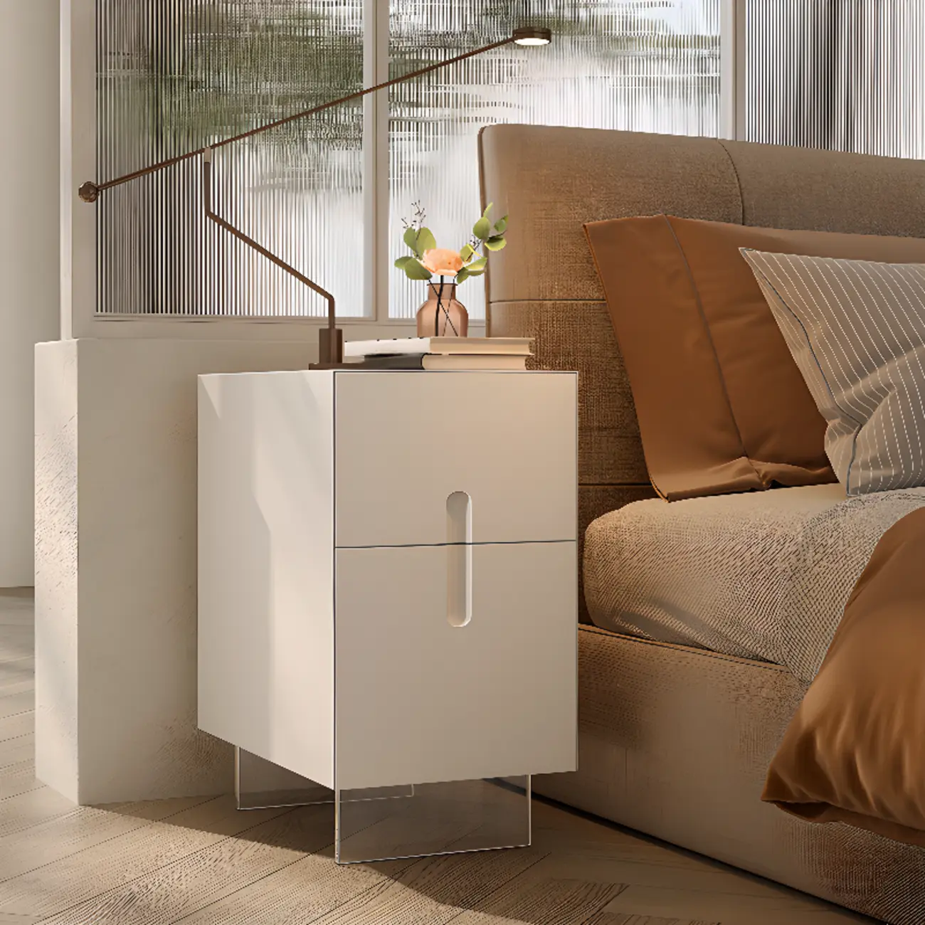 Modern White Wood Clear Base 2-Drawer Nightstand Image - 3 | homeyfad