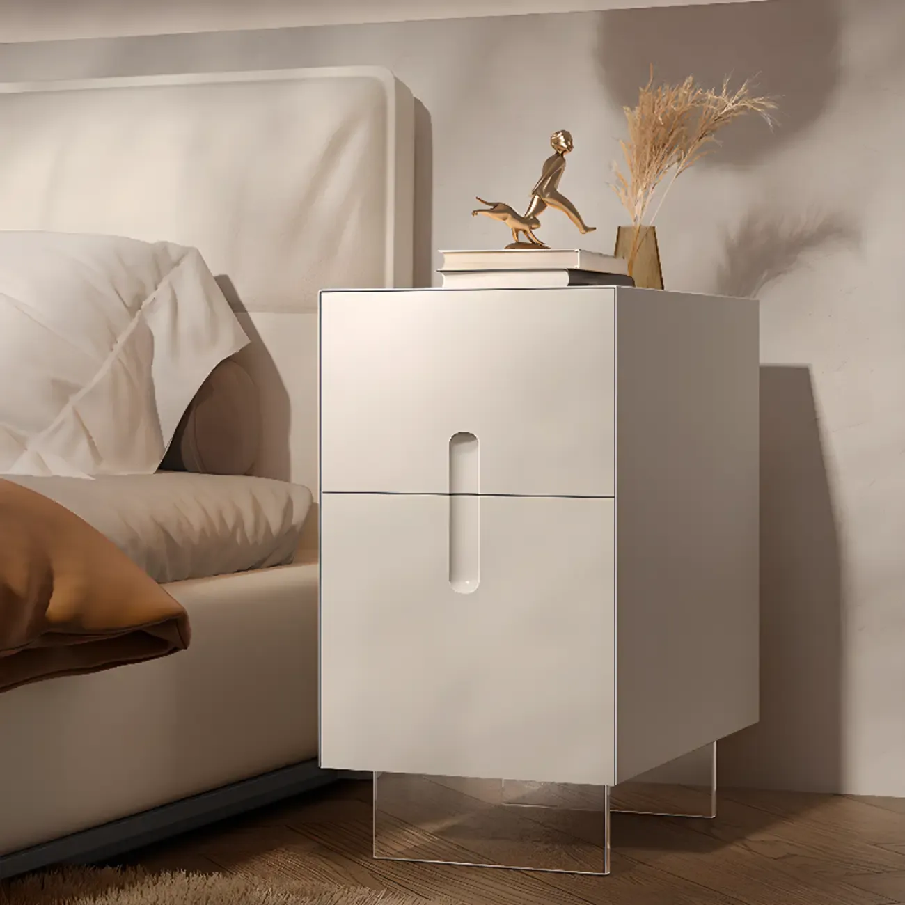 Modern White Wood Clear Base 2-Drawer Nightstand Image - 4