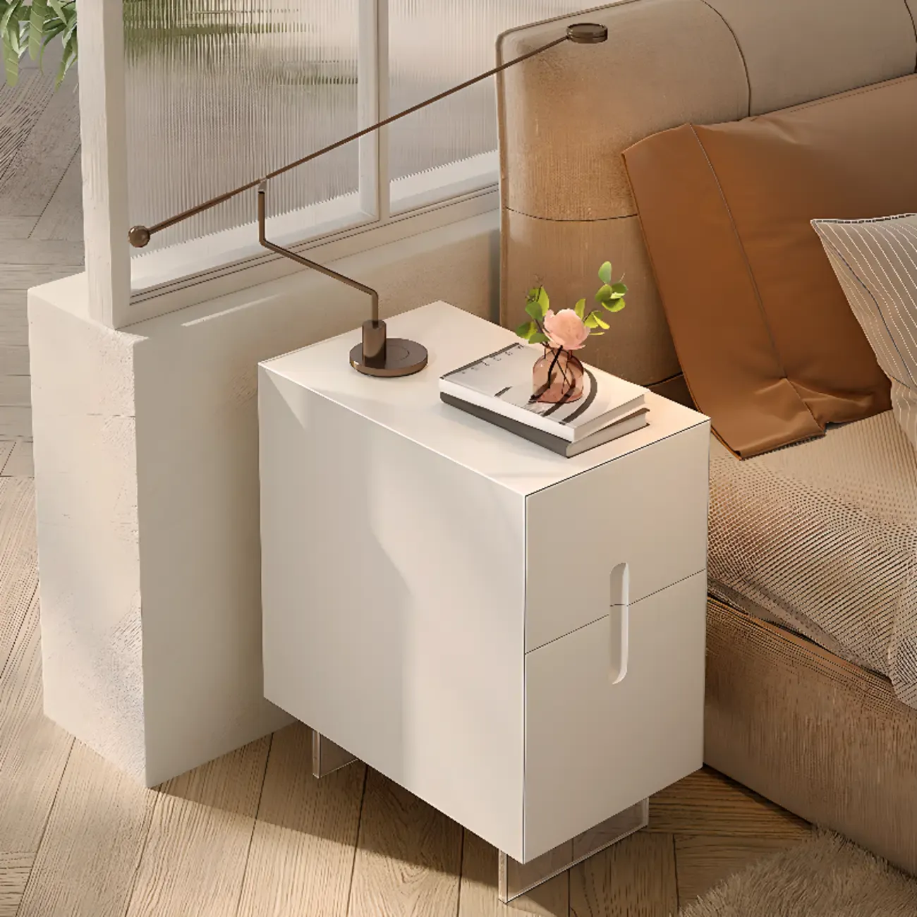 Modern White Wood Clear Base 2-Drawer Nightstand Image - 1