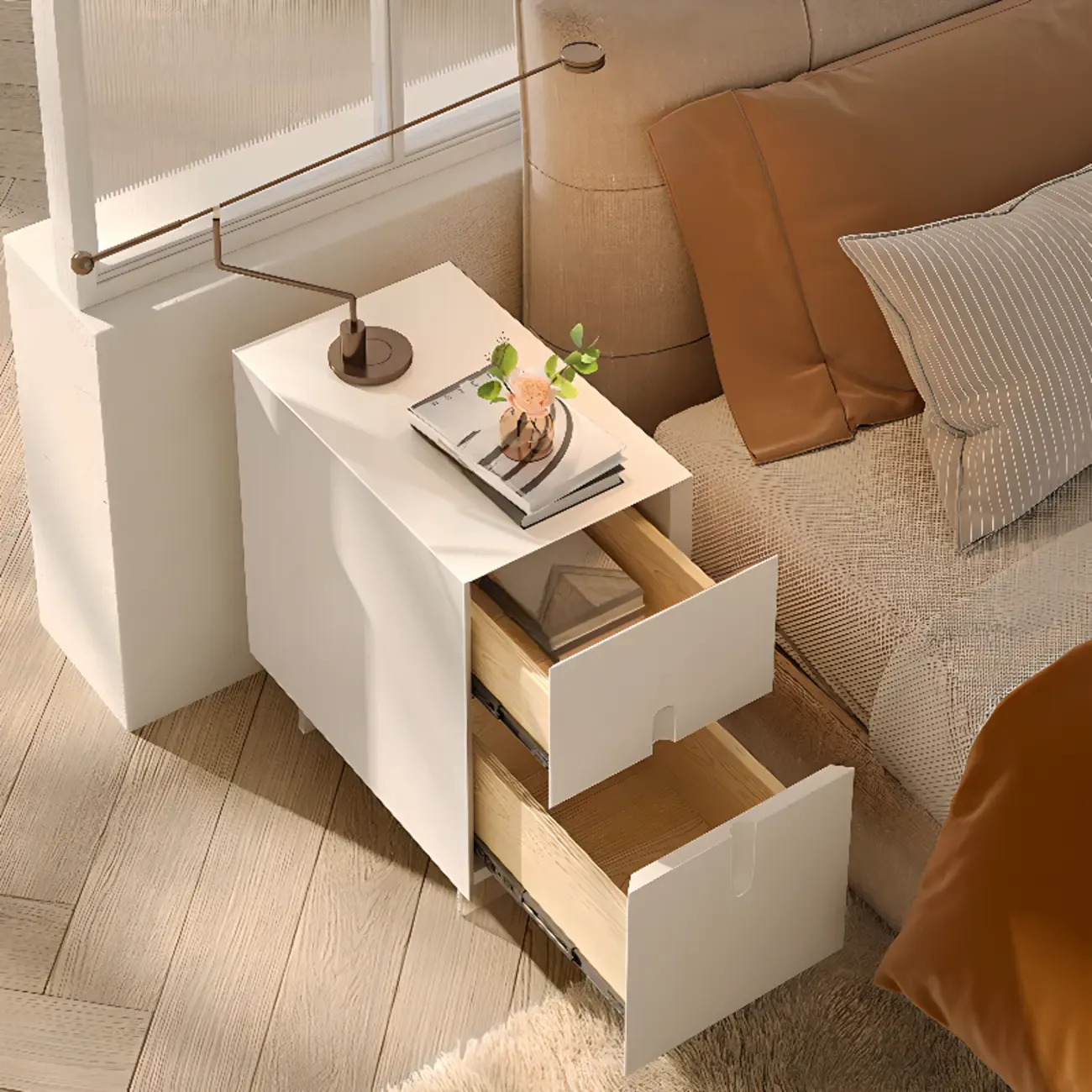 Modern White Wood Clear Base 2-Drawer Nightstand Image - 2