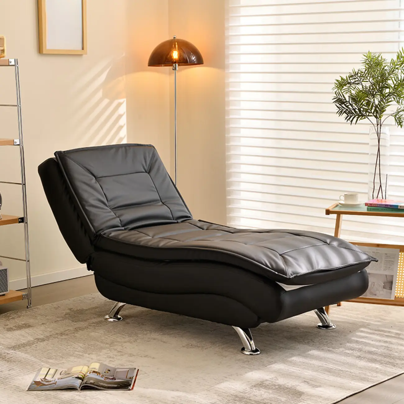 Modern Black Leather Reclining Bowed Chaise Lounge for Home Image - 2 | homeyfad