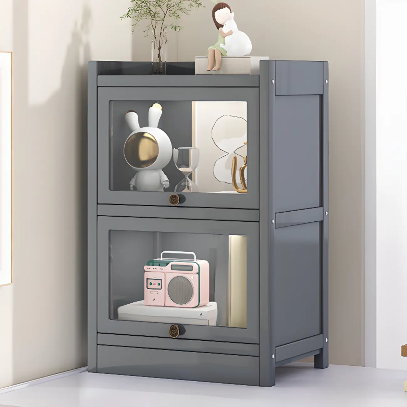 Modern Brown Wooden Clear Glass Front Display Storage Cabinet Image - 2 | homeyfad