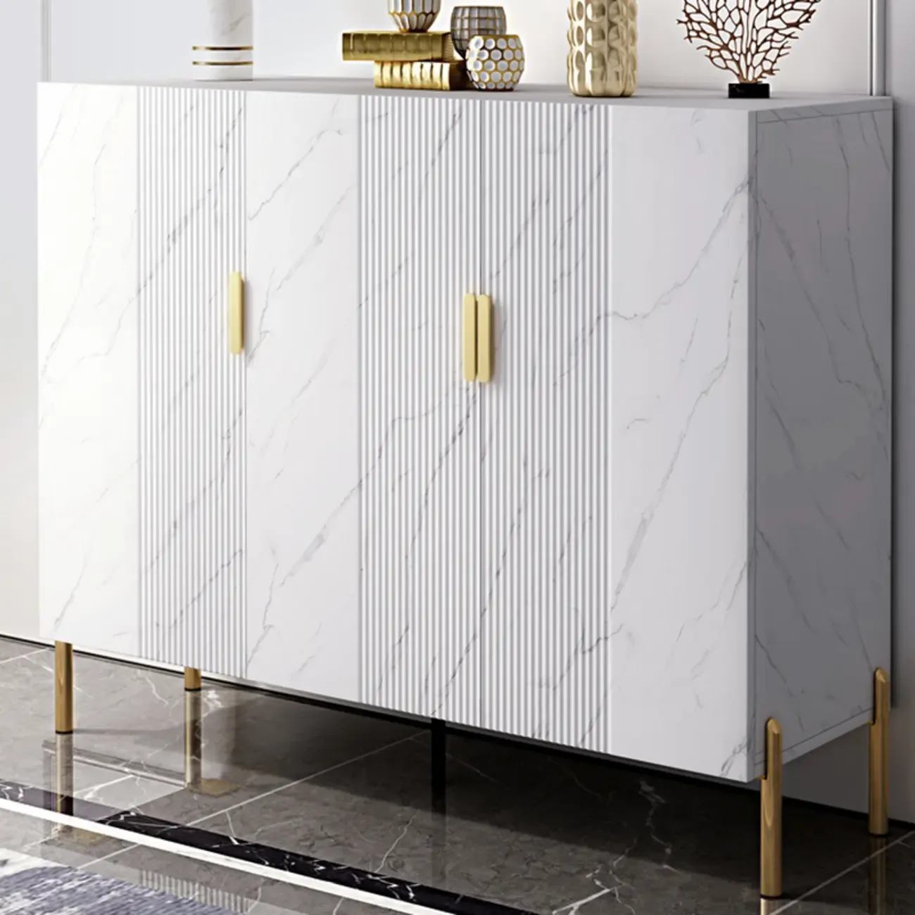 Hallway Wood White Shoe Storage Cabinet with Gold Legs Image - 4