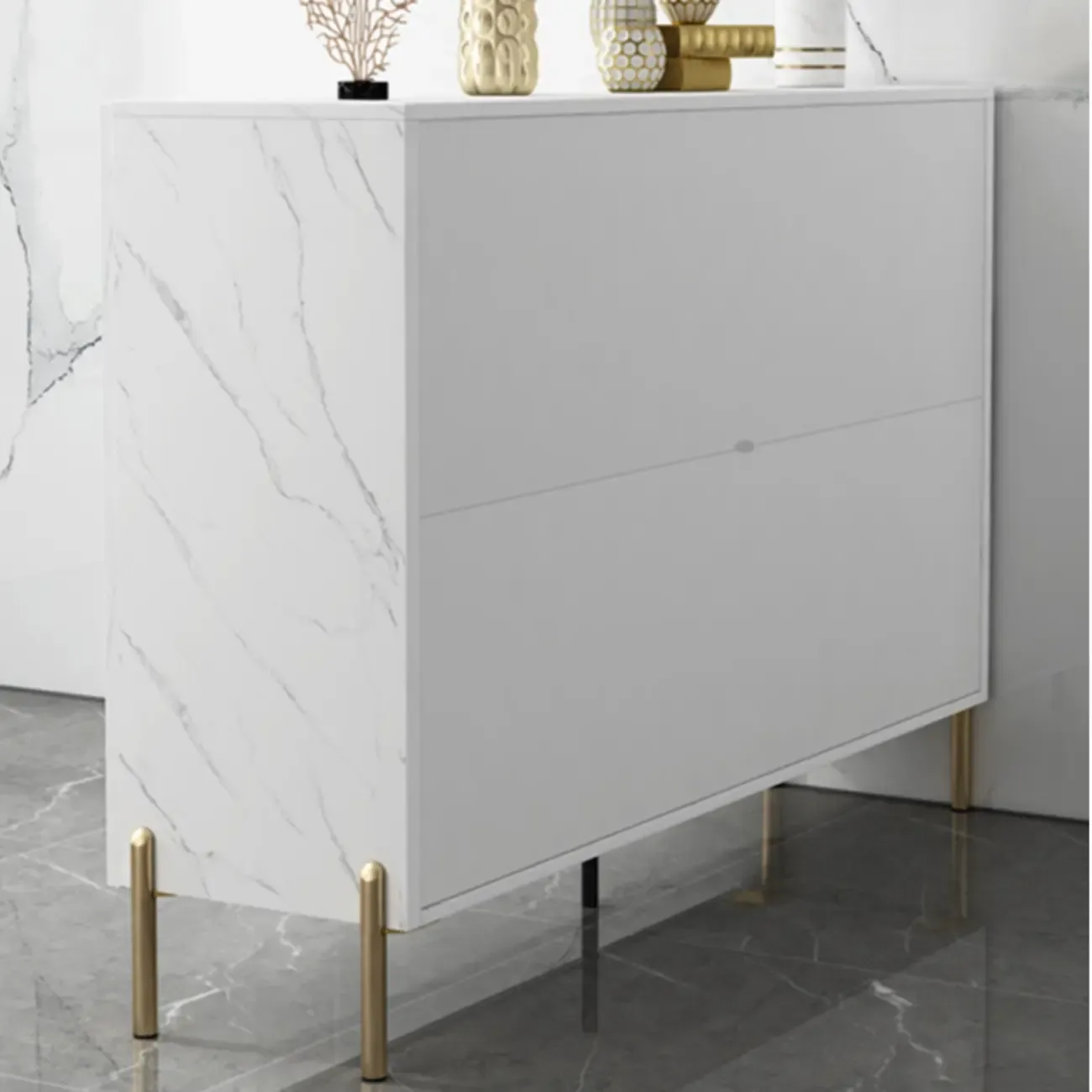 Hallway Wood White Shoe Storage Cabinet with Gold Legs Image - 6