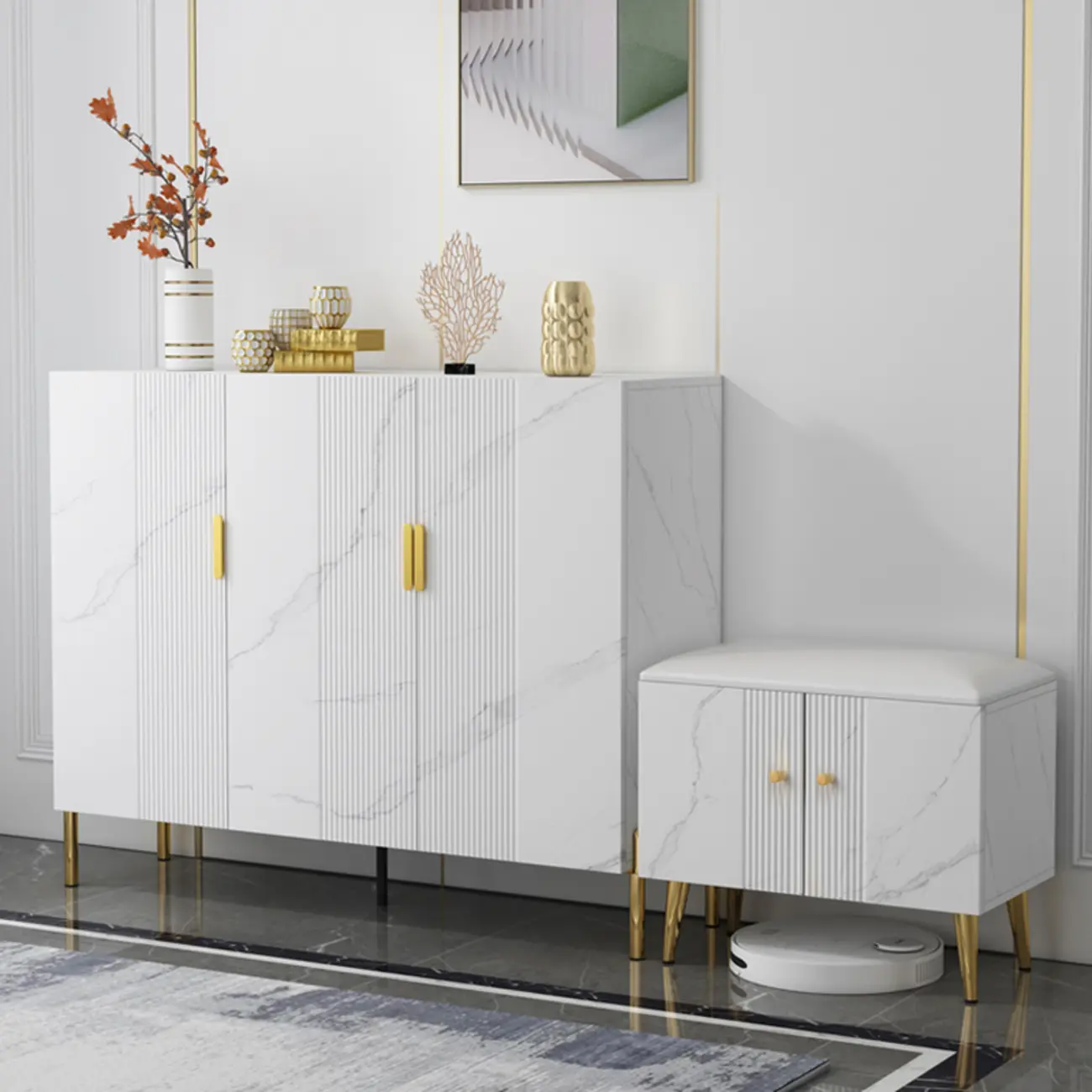 Hallway Wood White Shoe Storage Cabinet with Gold Legs Image - 1 | homeyfad