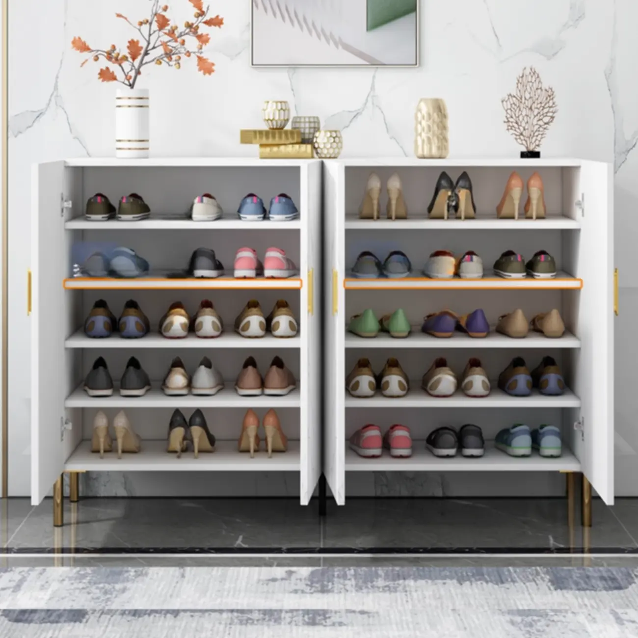 Hallway Wood White Shoe Storage Cabinet with Gold Legs Image - 2 | homeyfad