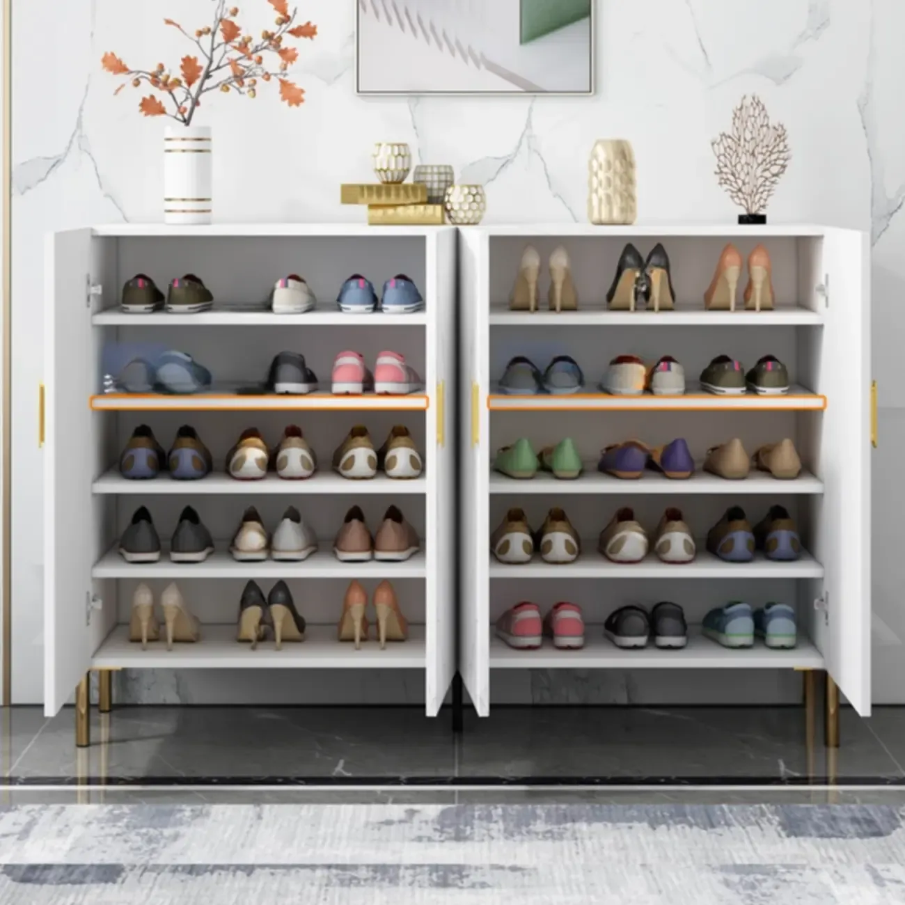 Hallway Wood White Shoe Storage Cabinet with Gold Legs Image - 2