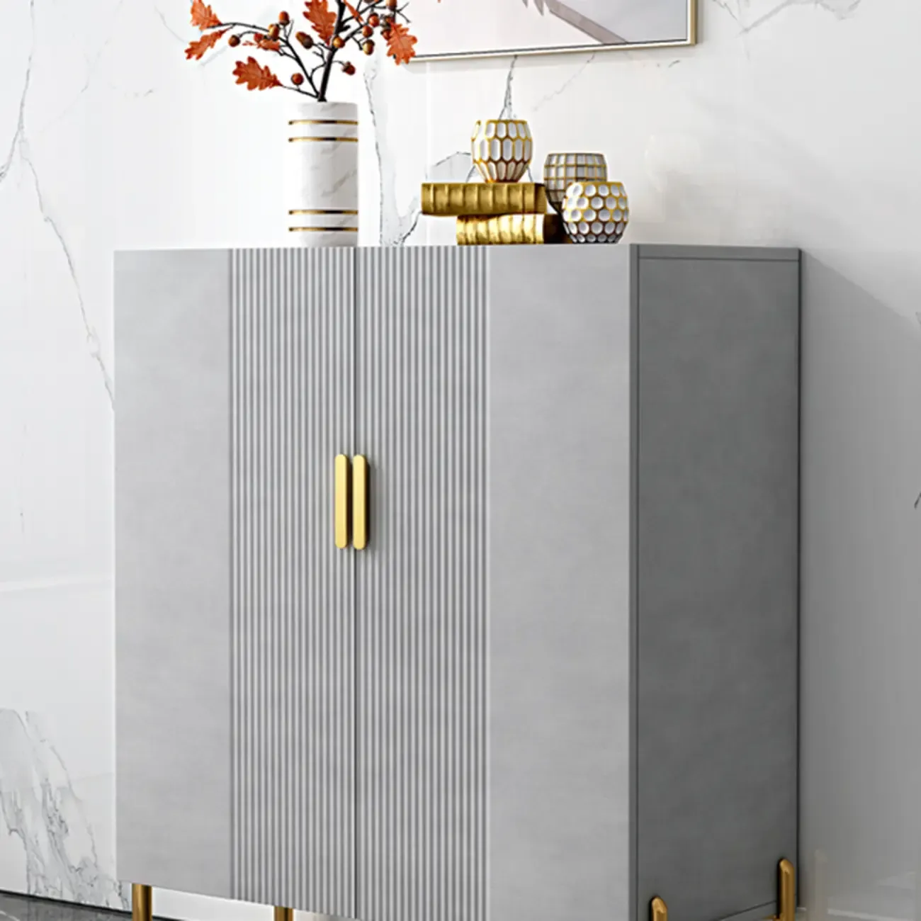 Hallway Wood White Shoe Storage Cabinet with Gold Legs Image - 19