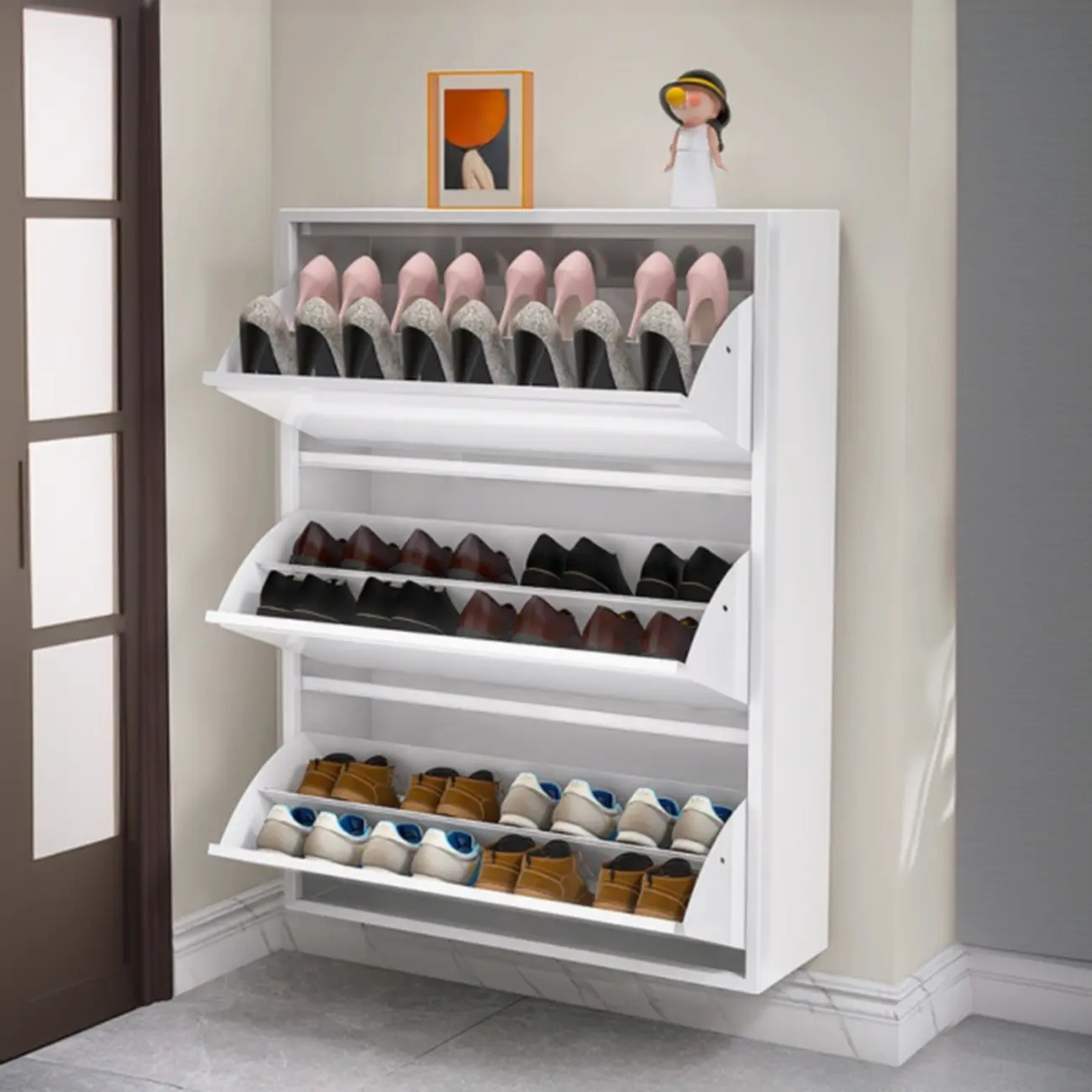 White Metal Wall-Mounted Entryway Shoe Storage Cabinet Image - 2 | homeyfad