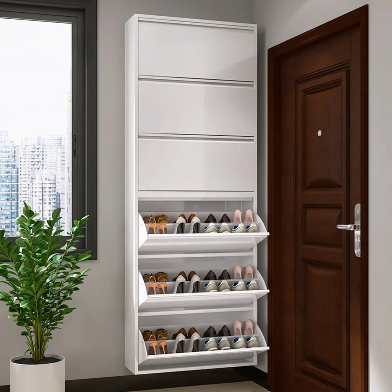 White Metal Wall-Mounted Entryway Shoe Storage Cabinet Image - 5 | homeyfad