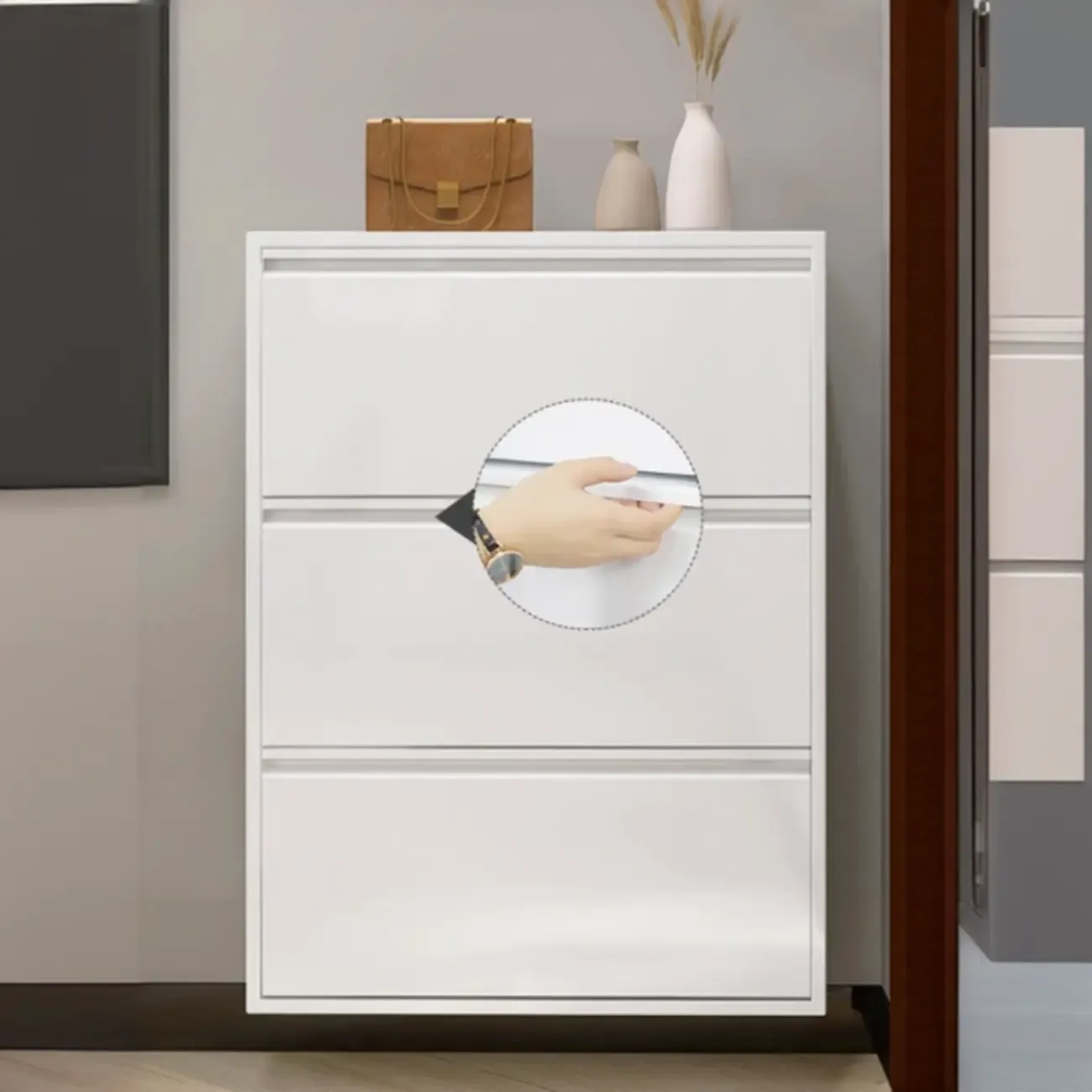 White Metal Wall-Mounted Entryway Shoe Storage Cabinet Image - 10