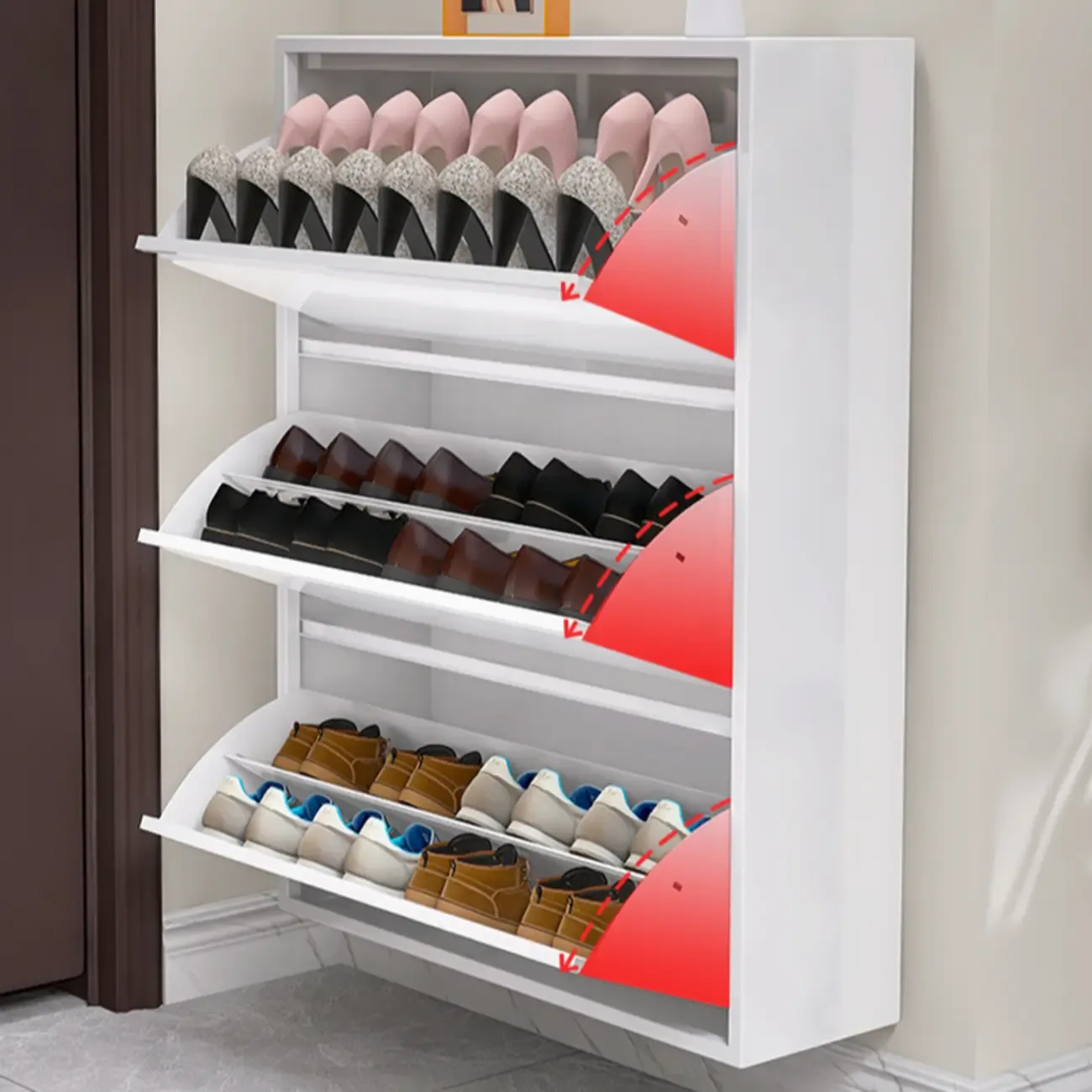 White Metal Wall-Mounted Entryway Shoe Storage Cabinet Image - 11