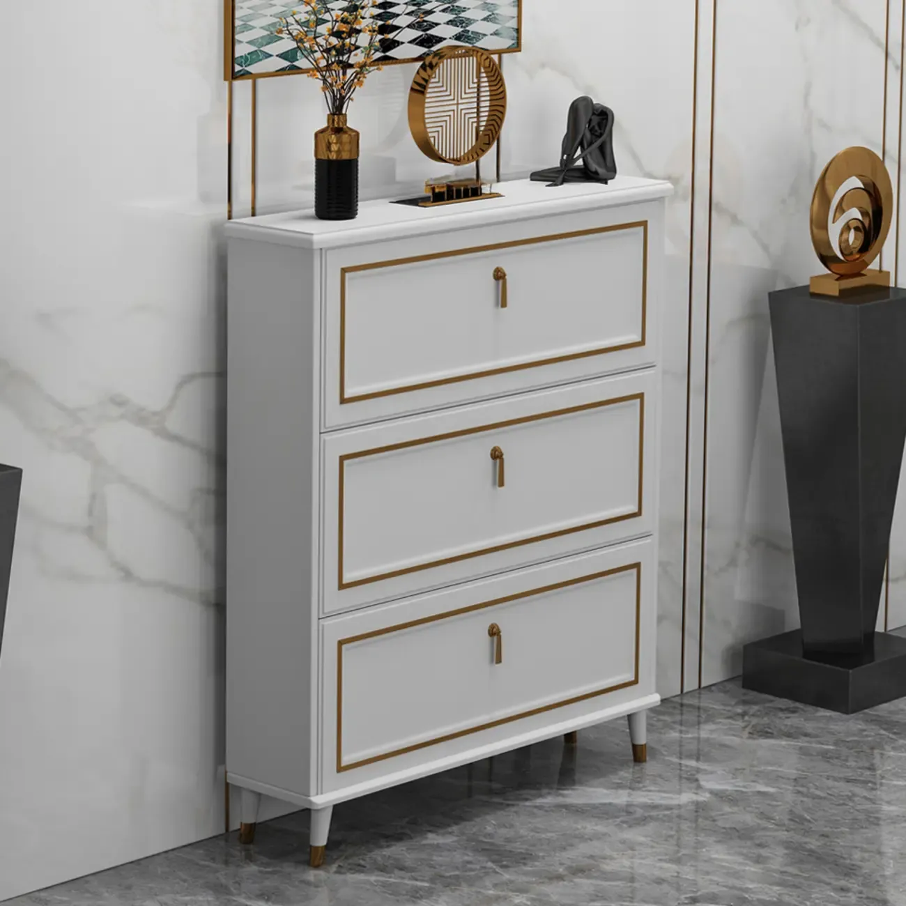 Grey Wooden Drop Front Shoe Cabinet with Adjustable Shelves Image - 2