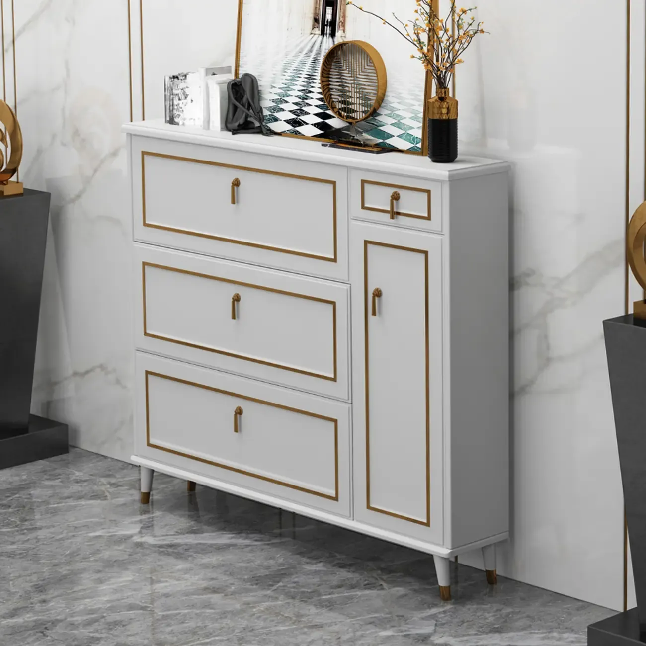 Grey Wooden Drop Front Shoe Cabinet with Adjustable Shelves Image - 4